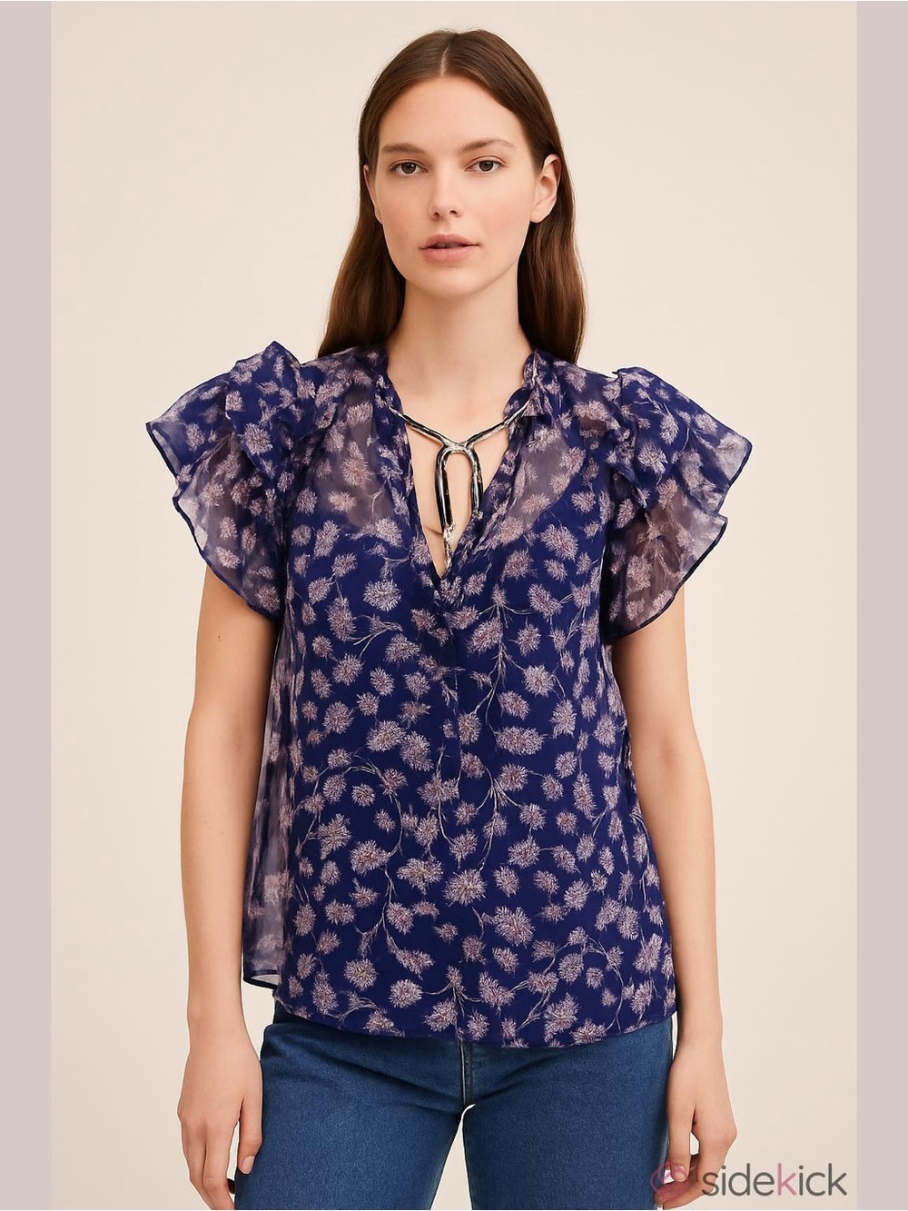 MNG Mango Floral Sheer Ruffle Sleeve Blouse